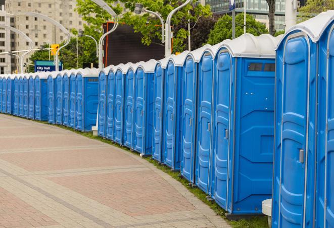 a line of portable restrooms at an outdoor wedding, catering to guests with style and comfort in Kent WA